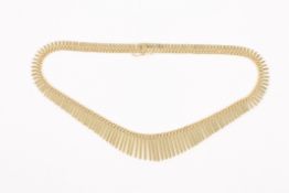 A Modern 14ct gold fringe necklace, of graduated style with double beaded border, 41g