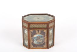 A George III scroll work tea caddy, of octagonal form the mahogany and satinwood tea caddy with