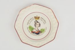 A Queen Victoria Regina pearlware commemorative plate, circa 1838, printed in black and hand