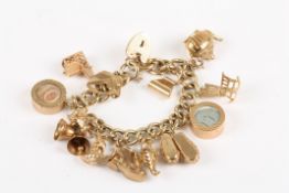 A 9ct gold charm bracelet, set with 13 charms and a padlock clasp, weight: 66.9 grams