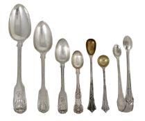 A collection of 19th century silver spoons and sugar tongs, comprising: serving, desert and tea