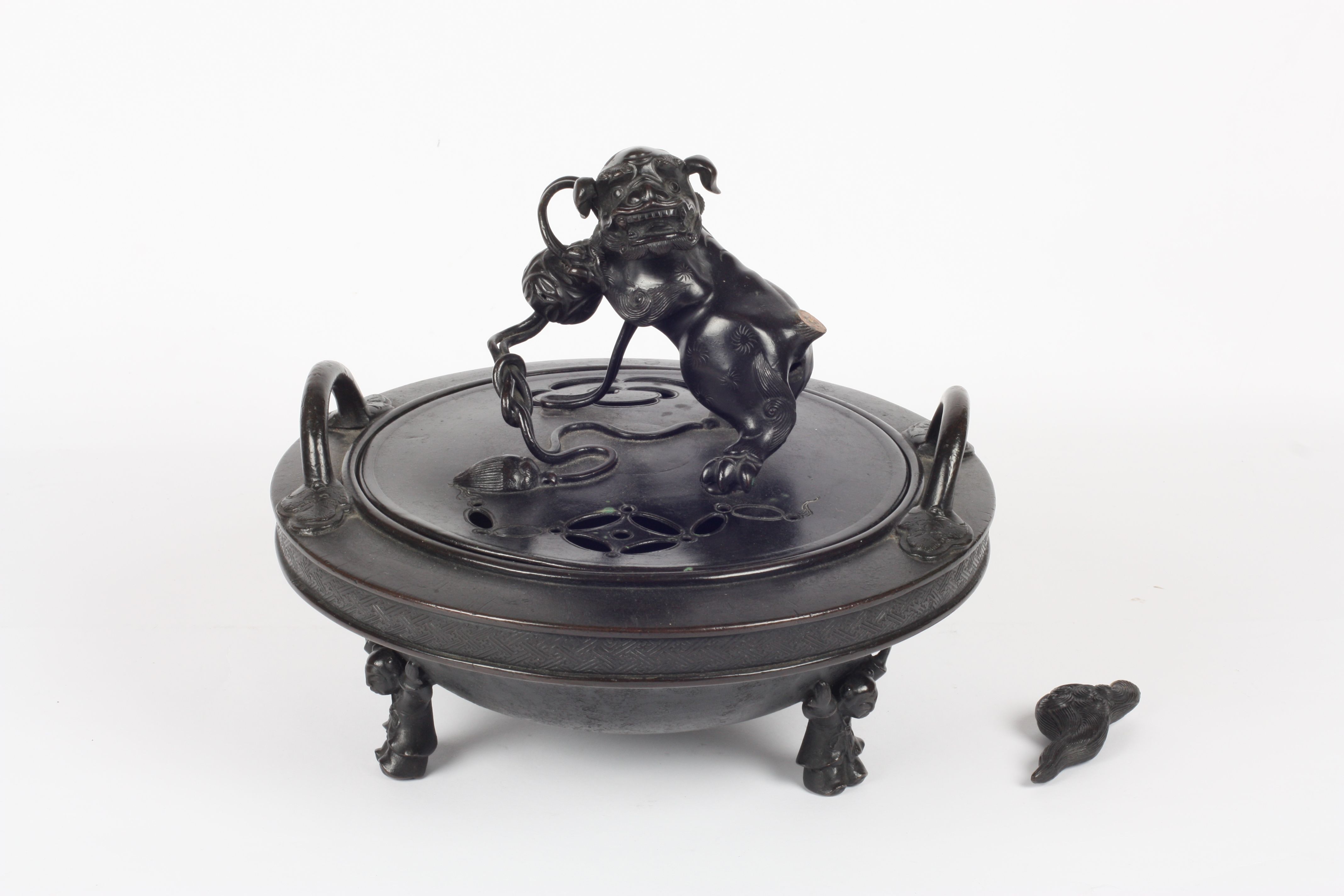 A late 19th/20th century Chinese bronze tripod censer, of circular form with upright loop handles, - Image 2 of 4