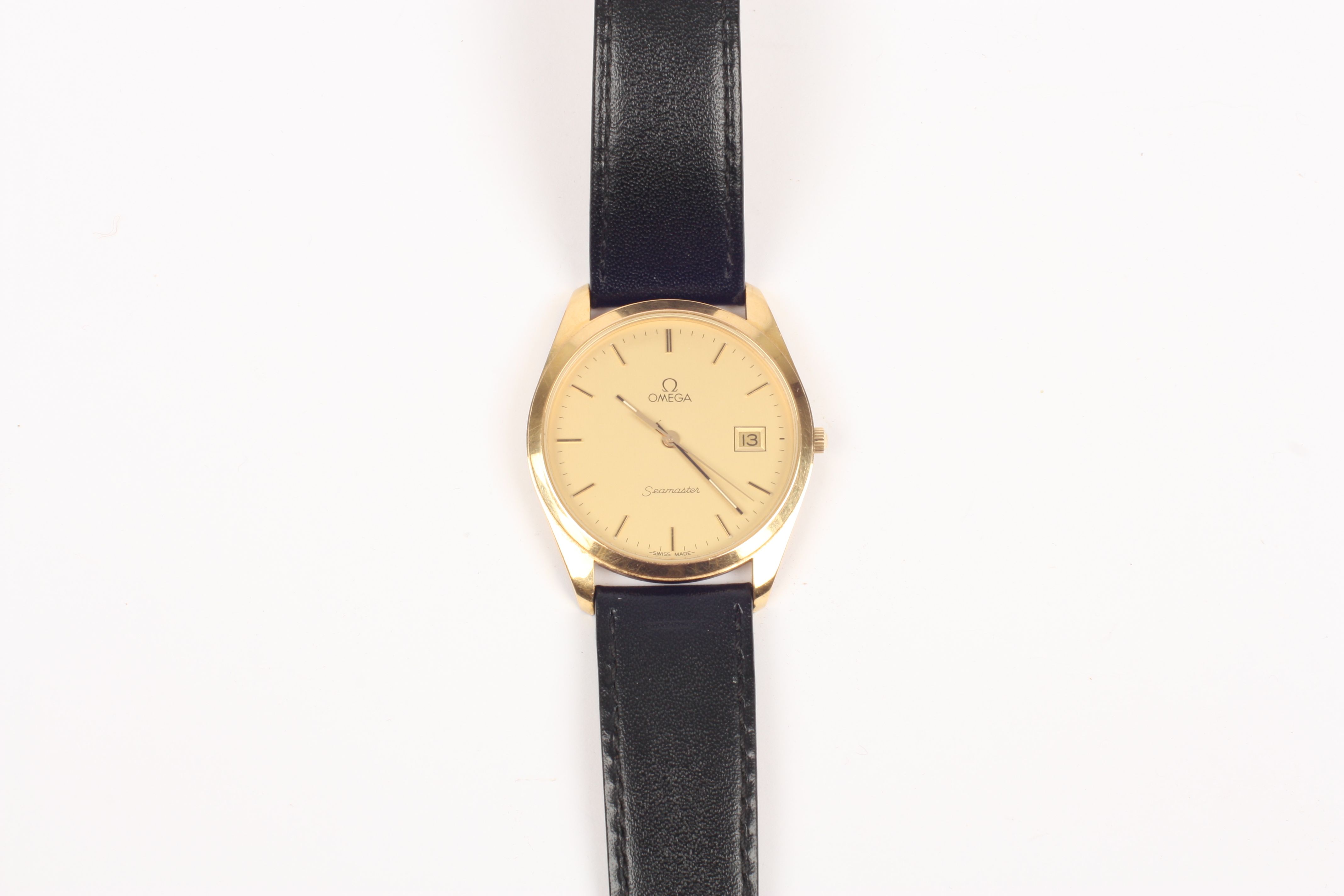 An Omega Seamaster 9ct gold cased gentleman?s wrist watch, the gilded dial with baton numerals and