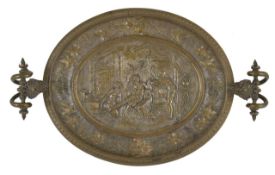 A late 19th/early 20th century bronze tazza, cast with classical scenes surrounded by leaves and