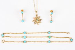 A gold coloured metal and turquoise necklace, pendant and earrings, the gold coloured metal chain