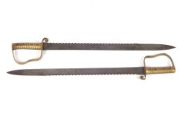 Two British pattern 1856 pioneer saw back swords, one blade stamped Wilkinson, London, with brass