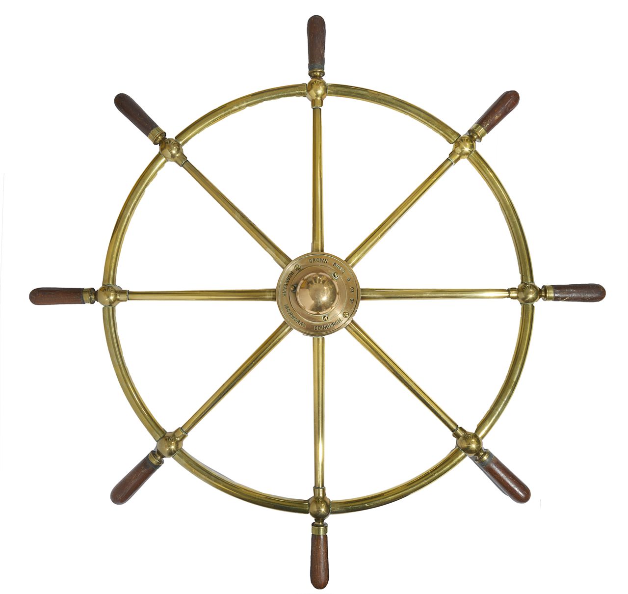 An eight spoke brass ships wheel, with central brass hub inscribed BROWN BROS. & CO Ltd ROSEBANKS