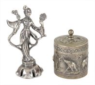 An Indian white metal embossed box and cover, decorated with elephants and other animals, together
