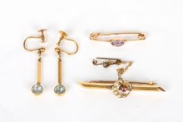 A pair of 9ct gold aqua earrings, a bar brooch and a bib brooch, the drop earrings set with seed