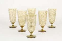 A set of 6 Fritz Heckert enamel drinking glasses, circa 1890, the pale green glasses decorated with