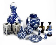 A group of Chinese and Japanese blue and white wares, mostly 20th century, comprising: two