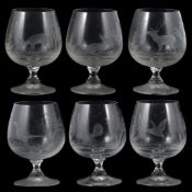 A set of 6 engraved glass brandy balloons, wheel engraved and decorated with scenes of game birds