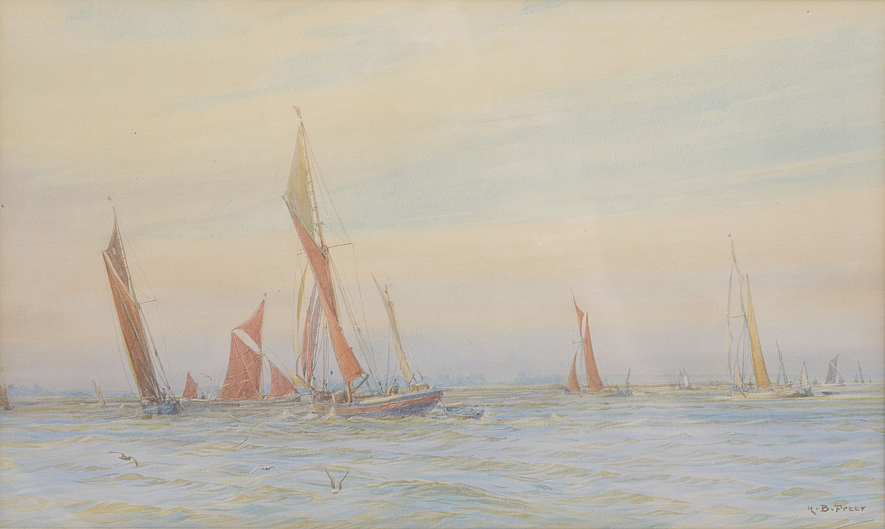 Henry Branston Freer (fl. 1870-1915) British, Barges and sailing boats in an estuary at sunset,