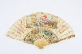 A heavily decorated and painted ivorine fan, the guard sticks pierced and painted with animals,