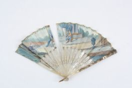 A decorated mother of pearl and paper fan, the mother of pearl guard sticks with pierced imaged of