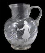 A 19th century clear Mary Gregory glass jug, with spiral pattern and white enamel painted decoration