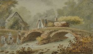 Attributed to Joseph Powell (1780-1834), watercolour, rural scene with bridge, river and cottages,