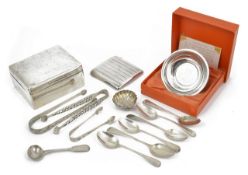 A collection of assorted silver, comprising a silver cigarette box, seven various spoons, three