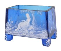 A 19th century Mary Gregory blue glass rectangular shaped jardinière, with white enamel decoration