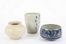 Three pieces of studio pottery, Modern, including a circular glazed bowl with green and blue