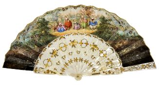 A mother of pearl and painted paper fan, circa 1850, the pierced mother of pearl guard sticks with