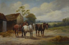 C. W. Oswald (British fl. 1890-1900), Three cart horses in a farmyard. Oil on canvas, signed. 40 x