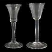 Two 18th century cordial glasses, one with flared trumpet shaped bowl, the other with tapered funnel