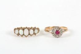 A five stone 9ct gold opal ring, together with a diamond cluster set with ruby centre Both appear to