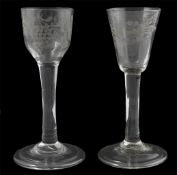 Two 18th century engraved cordial glasses, one with ogee shaped bowl, the other with tapered
