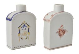 Two porcelain tea caddies with armorial decoration, possibly Chinese, 19th century, the flask shaped