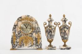 A French gilt metal and marble clock garniture, the clock with drum movement and steel dial within