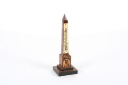 A Tunbridgeware Cleopatra`s needle thermometer, 19th century, with cube pattern to the side