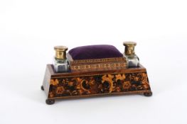 A Tunbridgeware dressing table set, 19th century, with central trinket box with velvet pin cushion