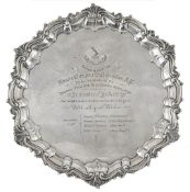 A presentation silver salver, hallmarked London 1897, with makers initials J.H. for Sibray Hall &