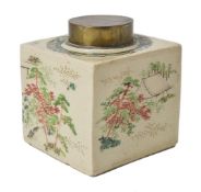 A 19th century square shaped Chinese tea caddy, with plated lid and scenic panels of trees on