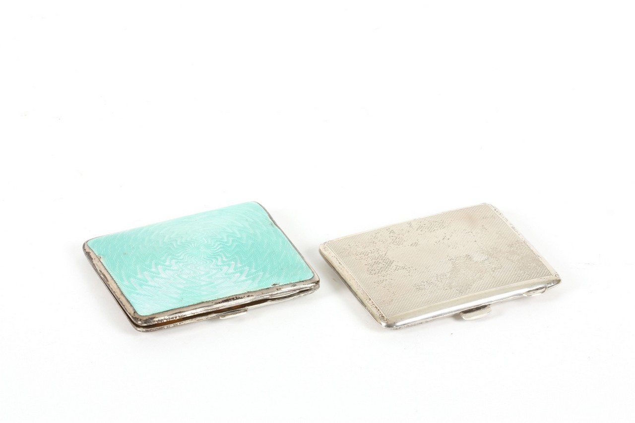 Two silver card cases, one with guilloché green enamel to the lid with engine turned spiralling