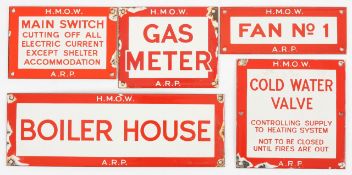 Five H.M.O.W red and white enamel signs, including Boiler House, Fan No 1, Gas Meter etc. the