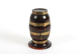 A fine quality lignum vitae and brass container in the form of a barrel, with screw top, brass bands