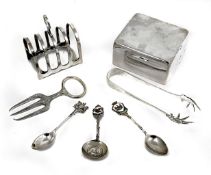 A small collection of silver and silver plated items, comprising a square shaped silver cigarette