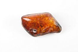 A large fragment of amber, in silver coloured metal frame, 12cm long, 6cm wide