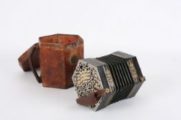 A late 19th century concertina in fitted leather case, with sixteen bone keys to each side, silvered