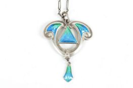 A silver and enamel Arts and Craft pendant by Queensway, the silver pendant with scroll and bead