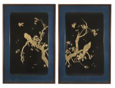 A large pair of Japanese decorative lacquer panels, Modern, with applied mother of pearl and bone