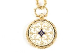 A 19th century 18ct gold and enamel locket, with blue and white enamel decoration to front,