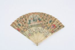 A bone and hand painted decorated fan, Chinese for the European market, the sticks hand painted with