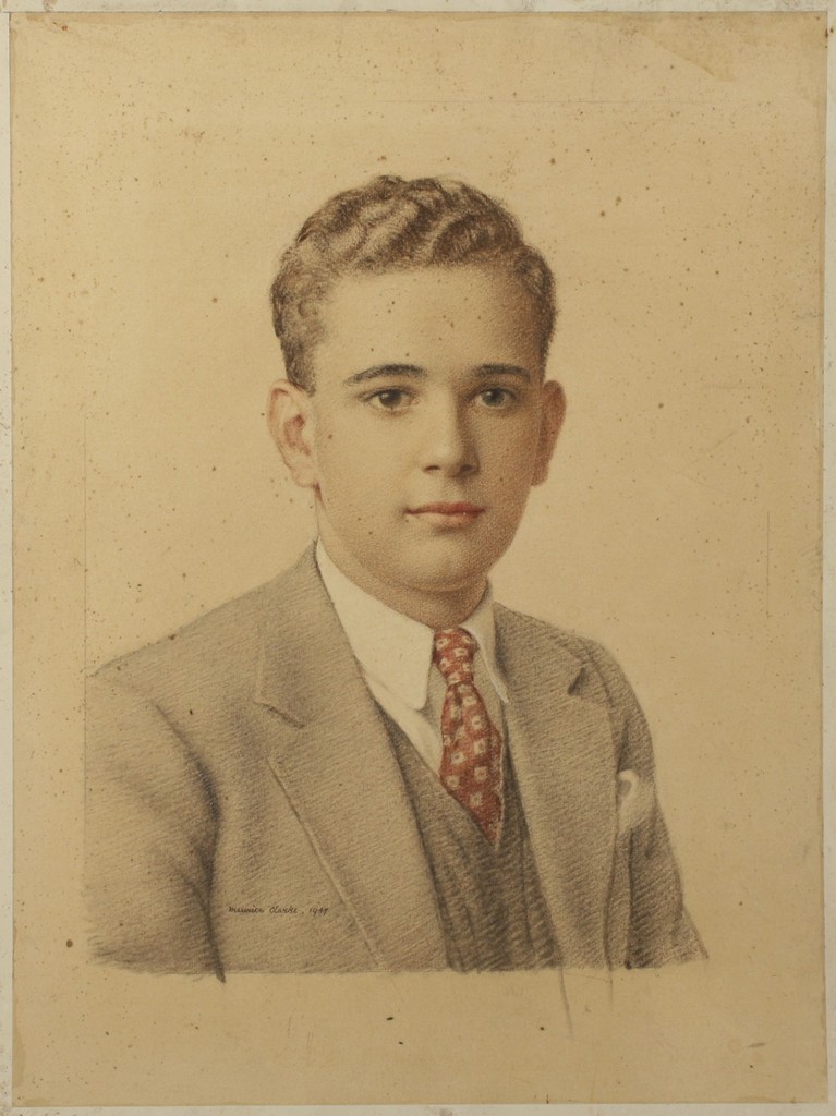 A mid-20th century hand-coloured drawing of a young man, signed and dated Maurice Clarke 1947. 50.
