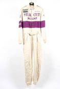 A pair of Martin Brundle`s Silk Cut Jaguar racing overalls, white and purple with embroidered