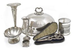 A collection of silver plated table wear, comprising on oval silver plated meat cover and handle,