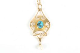 A Murrle Bennett & Co. 15ct gold, turquoise and seed pearl pendant, the pierced diamond shaped