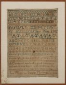 An early 19th century sampler, embroidered along the bottom `Jane Wood her sampler November 8 1808`,